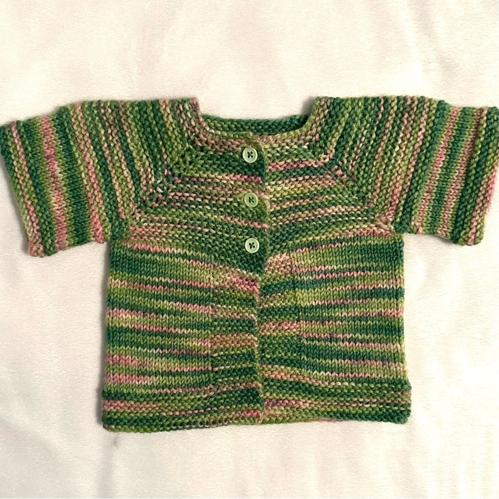 Vtg Handmade Crocheted Green & Pink Short Sleeve Cardigan Sweater Baby NB